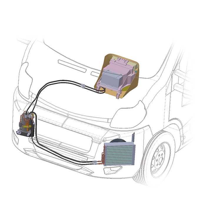 Inbouwschema Teleco Ultra Comfort dashboardairco met buitenunit achter de voorbumper